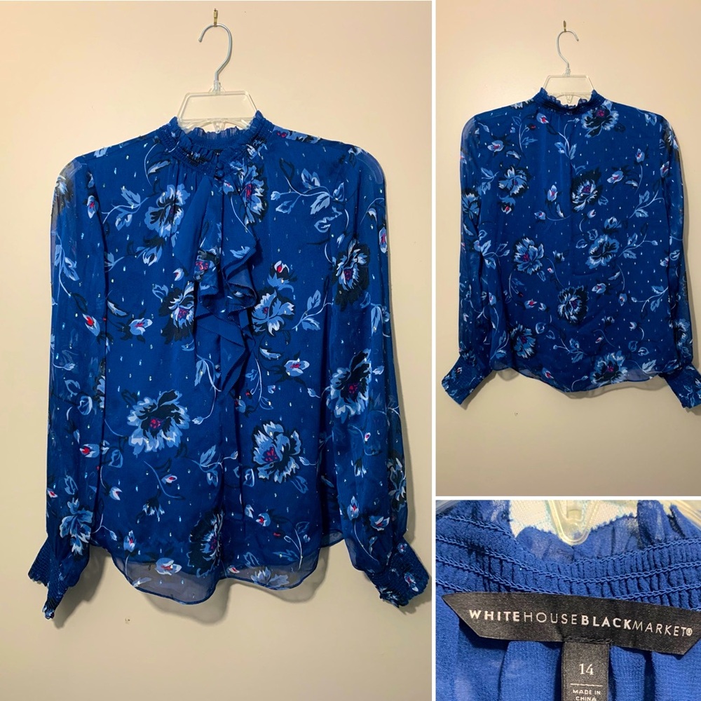 White House Black Market navy blue blouse with floral print and metallic shimmer